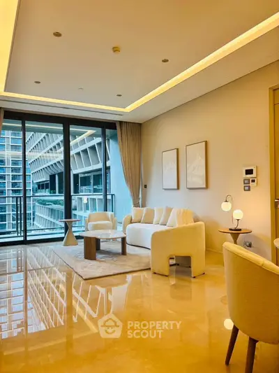 Luxurious modern living room with elegant furniture and stunning city view from large windows.