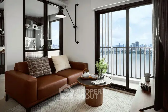Chic living room with city view, modern decor, and cozy seating area.