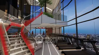 Luxurious high-rise gym with panoramic city views and modern fitness equipment.