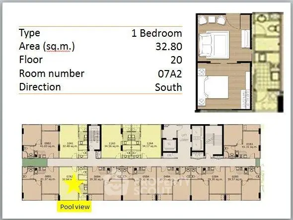 Detailed floor plan of a 1-bedroom apartment with pool view, showcasing layout and room specifications.