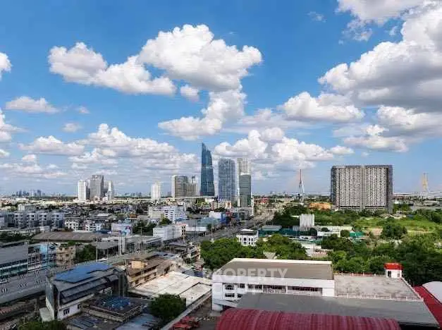Stunning cityscape view with modern skyscrapers and blue sky, perfect for urban living enthusiasts.