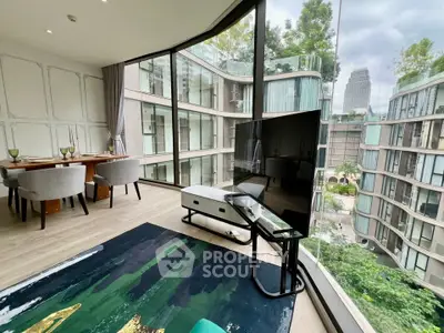 Luxurious modern living room with floor-to-ceiling windows and stunning city view