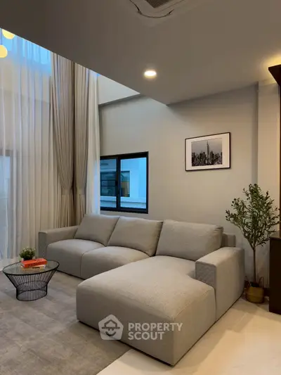 Modern living room with high ceilings and stylish gray sofa