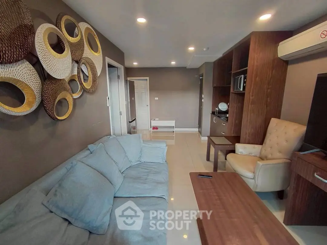 Modern living room with stylish decor and cozy seating area