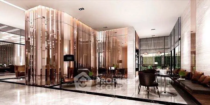 Luxurious modern lobby with elegant seating and glass partitions in a high-end building.