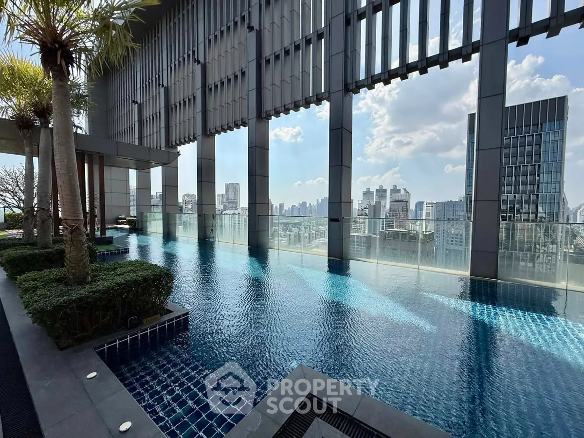 Luxurious rooftop pool with stunning city skyline views in modern high-rise building.