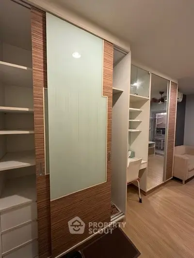 Modern study area with built-in shelves and sliding doors