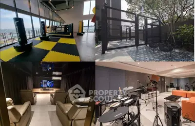 Luxurious amenities in modern apartment complex featuring gym, outdoor seating, theater, and music room.