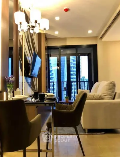 Modern living room with elegant decor and city view balcony in luxury apartment.
