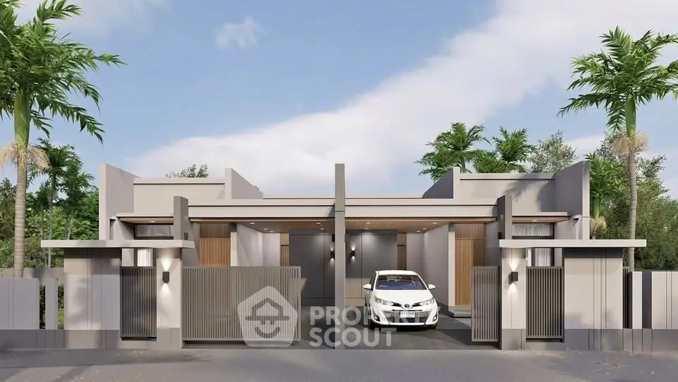 Modern minimalist house exterior with sleek design and car parked in driveway, surrounded by palm trees.