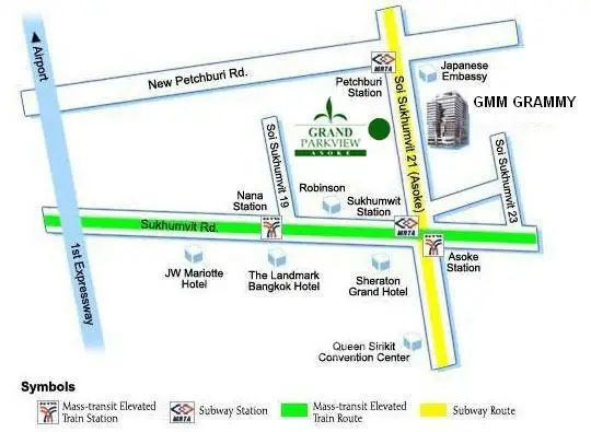 Map showing Grand Parkview location near Sukhumvit Road with nearby landmarks and transit stations.