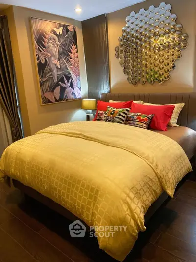 Luxurious bedroom with elegant decor and stylish wall art