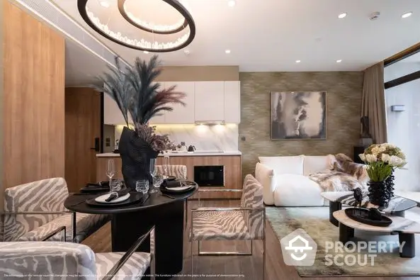 Luxurious open-plan living space with elegant dining set, plush seating area, and modern kitchen, highlighted by sophisticated decor and art.