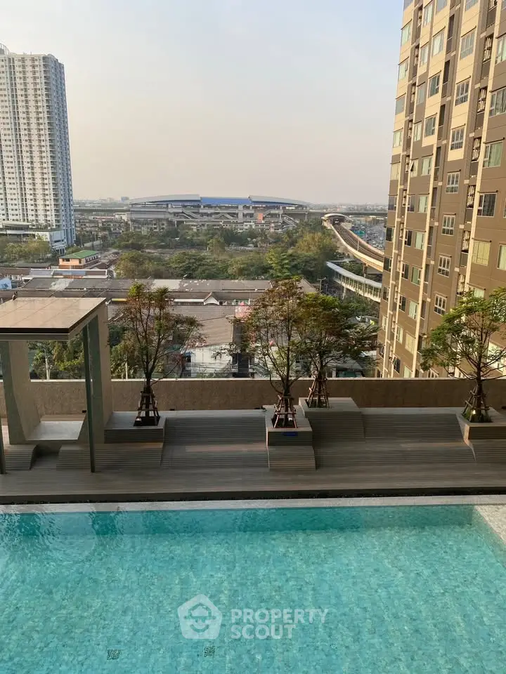 Luxurious high-rise apartment with stunning pool and city view, perfect for urban living.