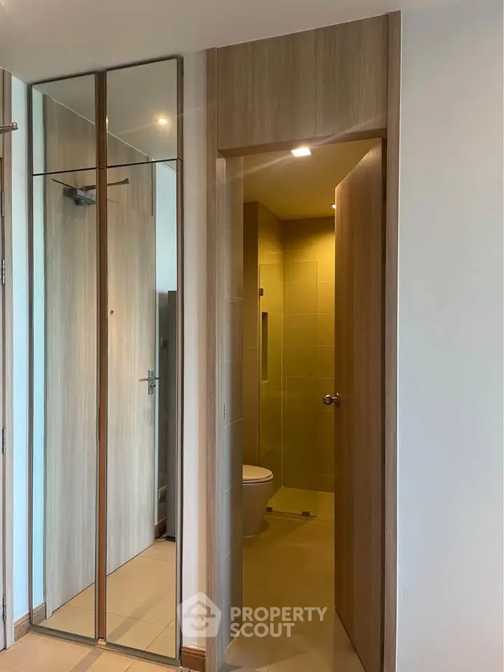 Modern bathroom entrance with wooden door and mirrored closet in a stylish apartment.