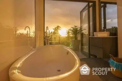 Luxurious bathroom with stunning sunset view and modern bathtub