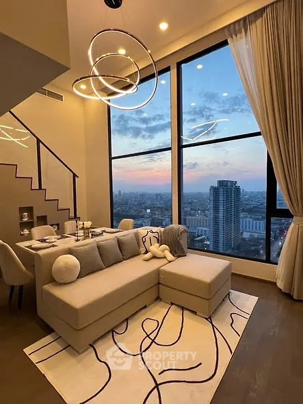 Luxurious living room with stunning city view and modern decor