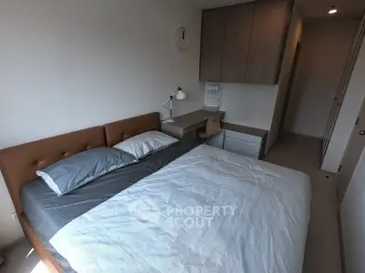 Modern bedroom with cozy bed and built-in storage, perfect for urban living.