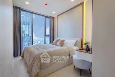 Modern bedroom with large windows offering stunning city views, elegant decor, and cozy ambiance.