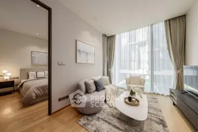 Luxurious modern living room with elegant decor and large windows in a high-end apartment.