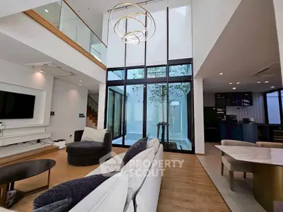 Luxurious modern living room with high ceilings and elegant lighting in a contemporary home.