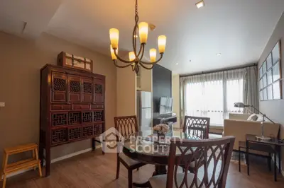 Elegant living room with classic wooden furniture and modern lighting