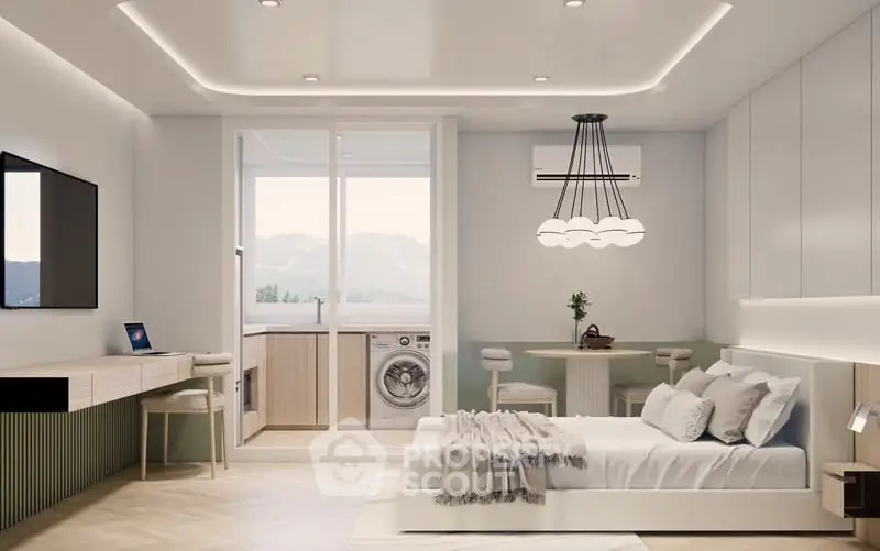 Modern bedroom with integrated laundry area and stylish decor