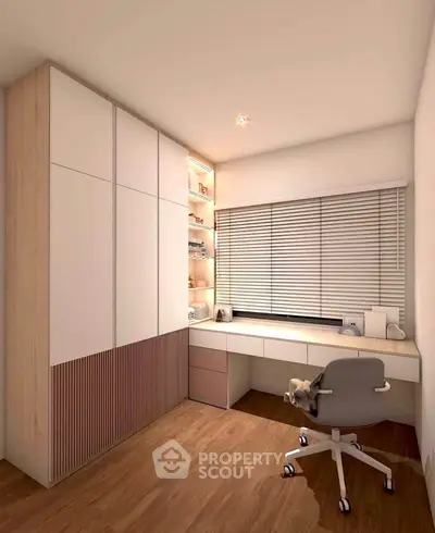 Modern study room with sleek desk, chair, and ample storage space.