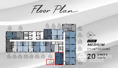 Modern apartment floor plan for medium level, 7th to 18th floors, featuring 20 units per floor.