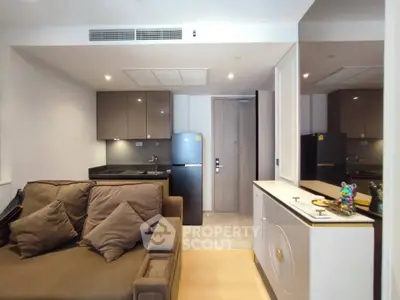 Modern compact living room with sleek kitchen and cozy sofa in urban apartment