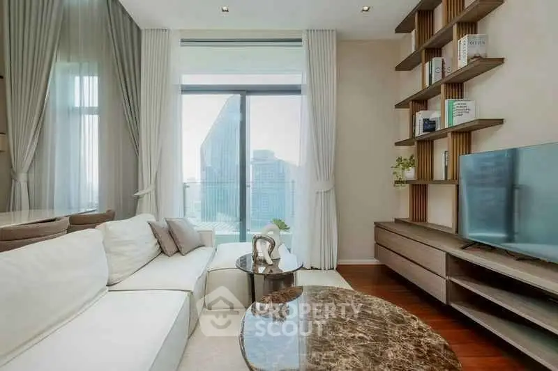 Luxurious living room with modern decor and stunning city view