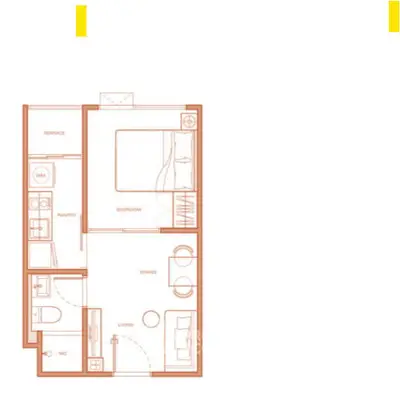 Modern apartment floor plan with bedroom, living area, kitchen, and terrace.