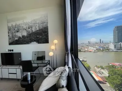 Stunning living room with panoramic city and river view, modern decor and ample natural light.