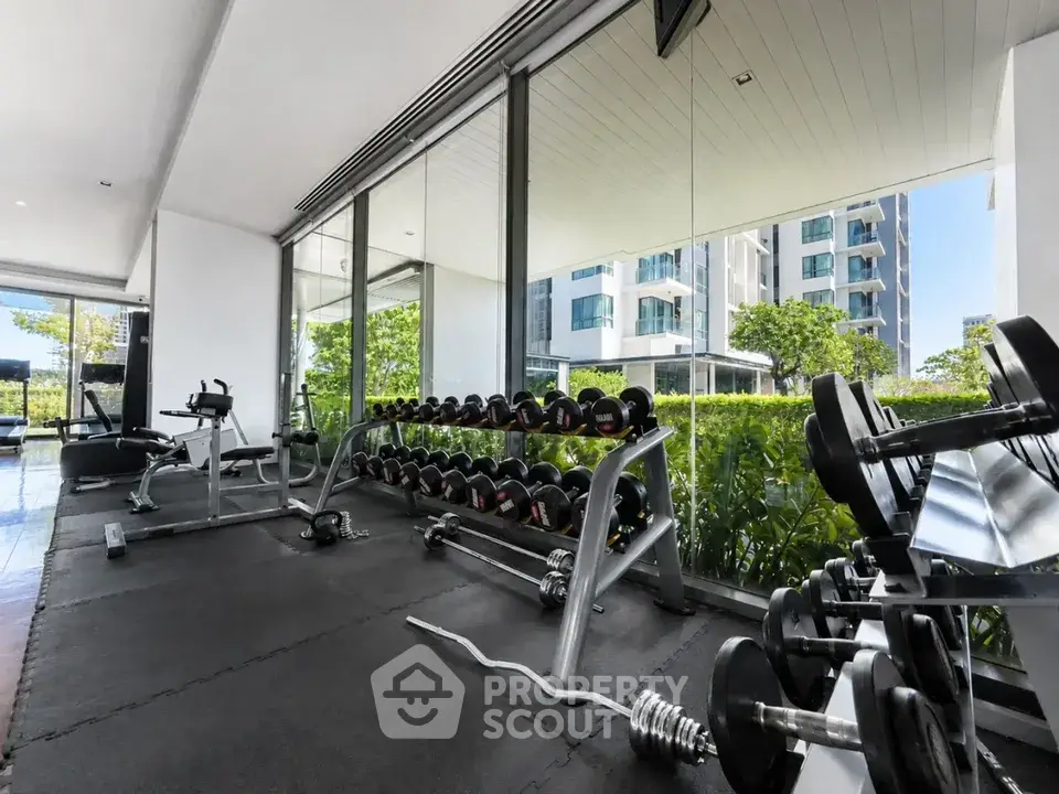 Modern gym with weights and exercise equipment in a luxury residential building