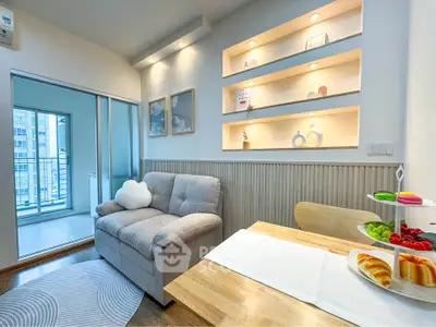 Modern living room with cozy sofa and stylish decor in bright apartment