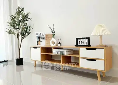 Modern minimalist living room with stylish wooden furniture and decor