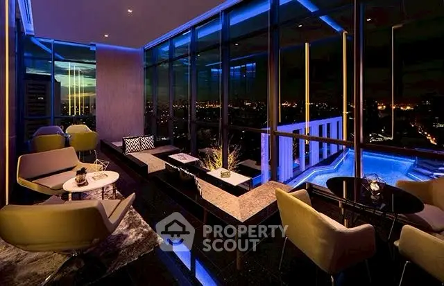 Luxurious modern living room with stunning city view and ambient lighting