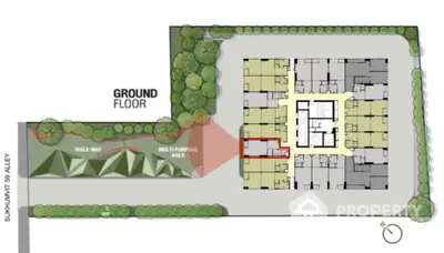 Ground floor schematic plan with walkway and multipurpose area in Sukhumvit 59 Alley