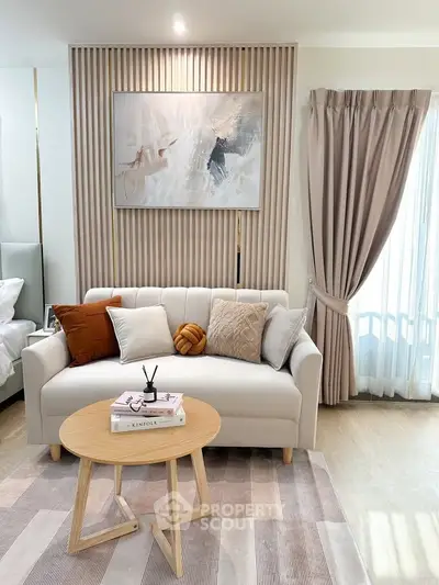 Modern living room with stylish decor and cozy seating area
