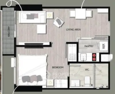 Modern apartment floor plan with balcony and open living area