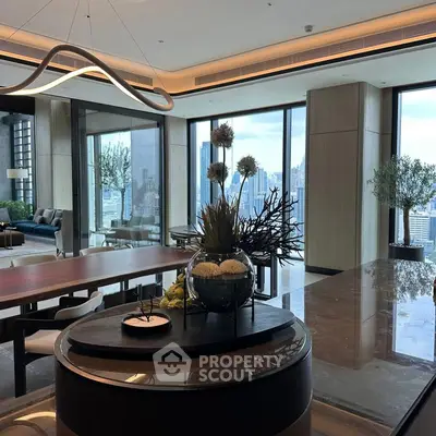 Luxurious modern living room with panoramic city views and elegant decor