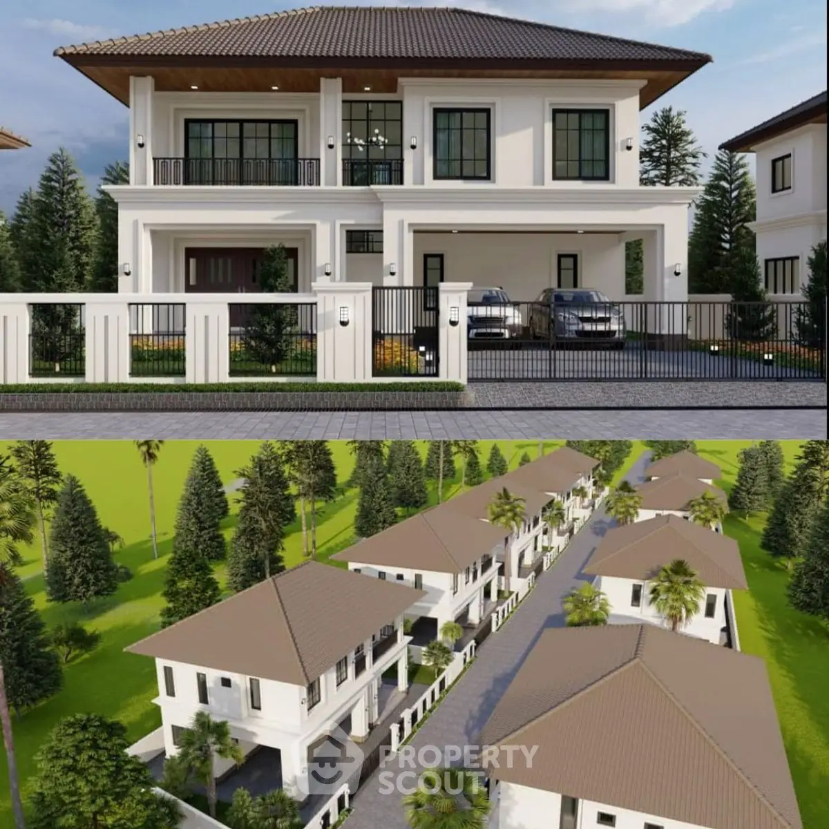 Luxurious modern two-story house with spacious driveway and lush greenery in a serene neighborhood.