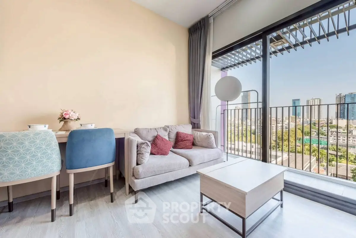Modern living room with balcony view in urban apartment