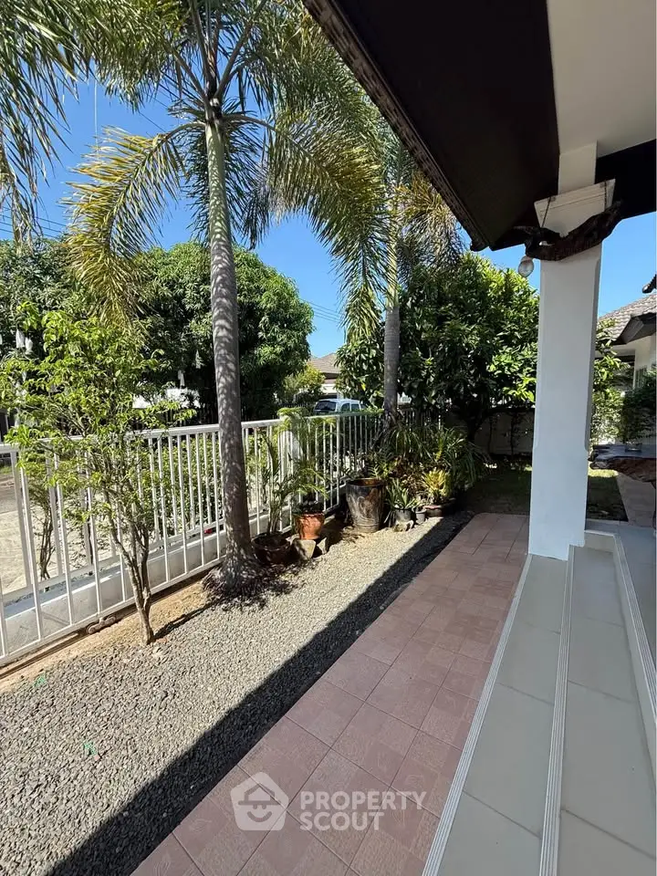 Charming garden view from a cozy patio with lush greenery and palm trees, perfect for relaxation.