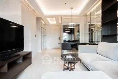 Luxurious modern living room with sleek design and spacious layout, featuring elegant furniture and ambient lighting.