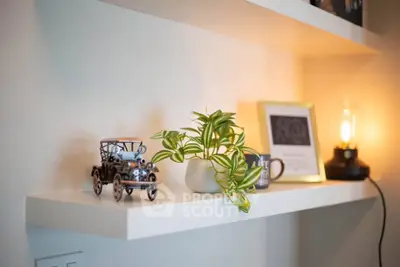 Stylish interior shelf with decor, plant, and vintage car model, perfect for modern living room ambiance.