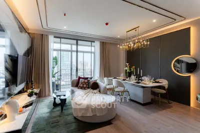 Luxurious modern living room with elegant dining area and city view balcony.