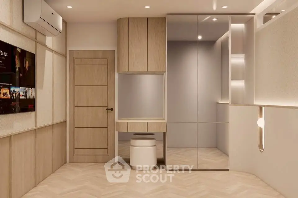 Modern study room with sleek wooden cabinetry and mirrored closet doors