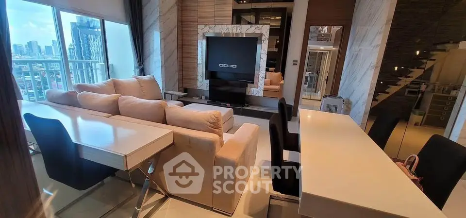 Luxurious modern living room with city view and elegant furnishings