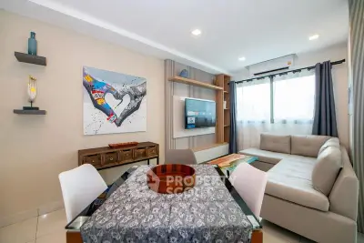 Modern living room with stylish decor and cozy seating area